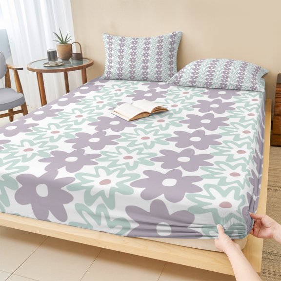 Full Size Fitted Sheet Set - Teal Purple Floral 3 Piece Bedding Sets 16" Deep Pocket Fitted Sheet with 2 Pillowcases Modern Abstract Art Spring Flowers Brushed Microfiber Hotel Luxury Bed Sheets
