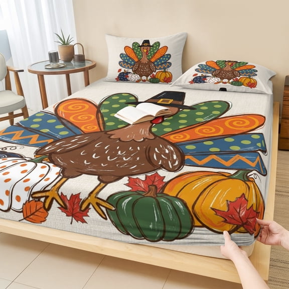 Full Size Fitted Sheet Set - Thanksgiving 3 Piece Bedding Sets 16" Deep Pocket Fitted Sheet with 2 Pillowcases, Fall Turkey Pumpkins Maple Leaves Rustic Brushed Microfiber Hotel Luxury Bed Sheets