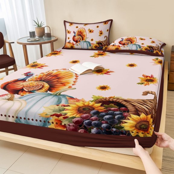 Full Size Fitted Sheet Set - Thanksgiving Fall 3 Piece Bedding Sets 16" Deep Pocket Fitted Sheet with 2 Pillowcases, Pink Turkey Pumpkin Flowers Stripe Rustic Brushed Microfiber Hotel Bed Sheets