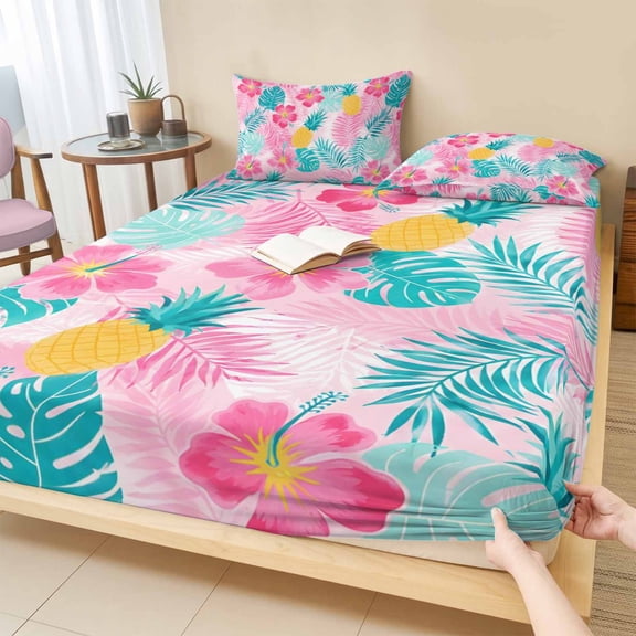 Full Size Fitted Sheet Set - Tropical Leaves 3 Piece Bedding Sets 16" Deep Pocket Fitted Sheet with 2 Pillowcases, Pink Blue Summer Palm Flowers Pineapple Brushed Microfiber Hotel Luxury Bed Sheets