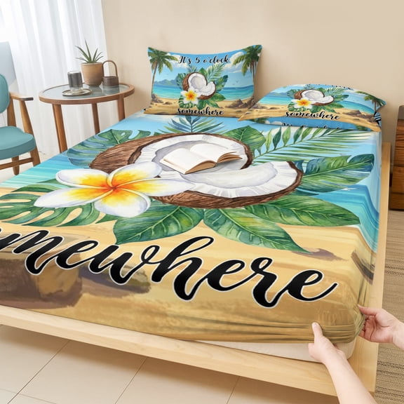 Full Size Fitted Sheet Set - Tropical Plants 3 Piece Bedding Sets 16" Deep Pocket Fitted Sheet with 2 Pillowcases, Coastal Beach Coconut Tree Palm Leaves Brushed Microfiber Hotel Luxury Bed Sheets