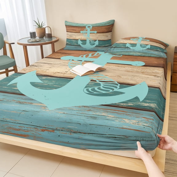 Full Size Fitted Sheet Set - Turquoise Anchor 3 Piece Bedding Sets 16" Deep Pocket Fitted Sheet with 2 Pillowcases Nautical Brown Green Retro Wood Grain Brushed Microfiber Hotel Luxury Bed Sheets