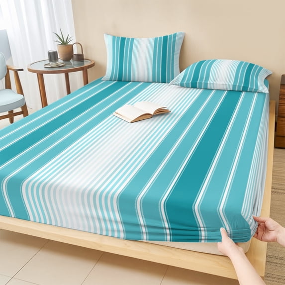 Full Size Fitted Sheet Set - Turquoise Ombre Stripe 3 Piece Bedding Sets 16" Deep Pocket Fitted Sheet with 2 Pillowcases Farmhouse Simple Striped Brushed Microfiber Hotel Luxury Bed Sheets