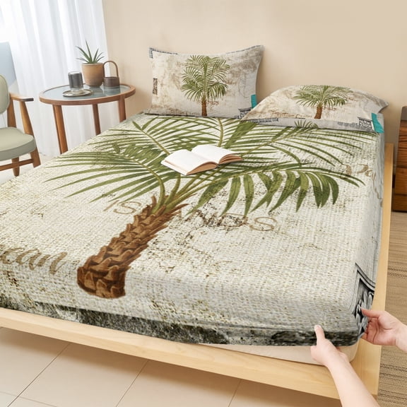 Full Size Fitted Sheet Set - Vintage Palm Trees 3 Piece Bedding Sets 16" Deep Pocket Fitted Sheet with 2 Pillowcases Summer Tropical Botanical Beige Burlap Brushed Microfiber Hotel Luxury Bed Sheets