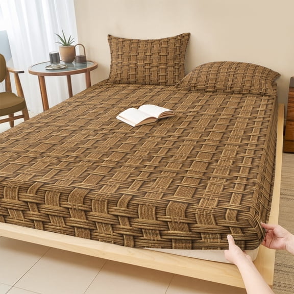 Full Size Fitted Sheet Set - Vintage Rattan 3 Piece Bedding Sets 16" Deep Pocket Fitted Sheet with 2 Pillowcases Minimalist Abstract Wicker Texture Brown Brushed Microfiber Hotel Luxury Bed Sheets