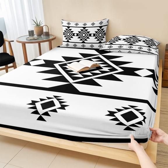 Full Size Fitted Sheet Set - White Black Boho 3 Piece Bedding Sets 16" Deep Pocket Fitted Sheet with 2 Pillowcases Southwest Ethnic Abstract Geometric Brushed Microfiber Hotel Luxury Bed Sheets