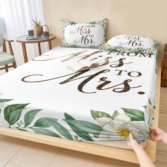 Full Size Fitted Sheet Set - White Flowers 3 Piece Bedding Sets 16" Deep Pocket Fitted Sheet with 2 Pillowcases, Wedding Botanical Floral Leaves Branches Brushed Microfiber Hotel Luxury Bed Sheets