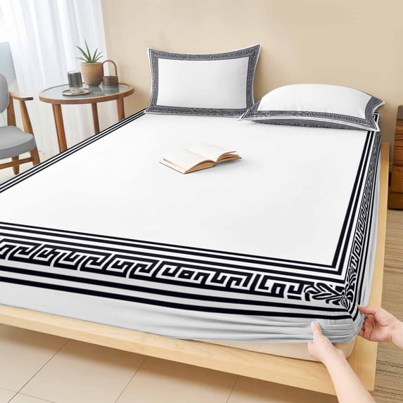 Full Size Fitted Sheet Set - White Geometric 3 Piece Bedding Sets 16" Deep Pocket Fitted Sheet with 2 Pillowcases Black Greek Key Design Abstract Modern Art Brushed Microfiber Hotel Luxury Bed Sheets