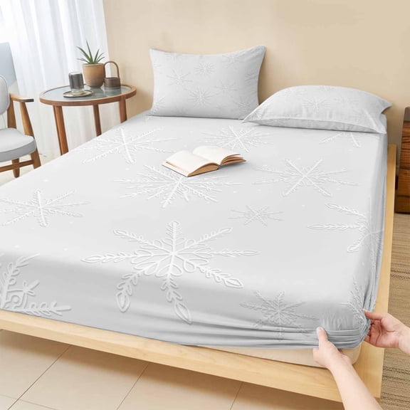 Full Size Fitted Sheet Set - White Snowflakes Christmas 3 Piece Bedding Sets 16" Deep Pocket Fitted Sheet with 2 Pillowcases, Winter Xmas Snowflak Holiday Brushed Microfiber Hotel Luxury Bed Sheets