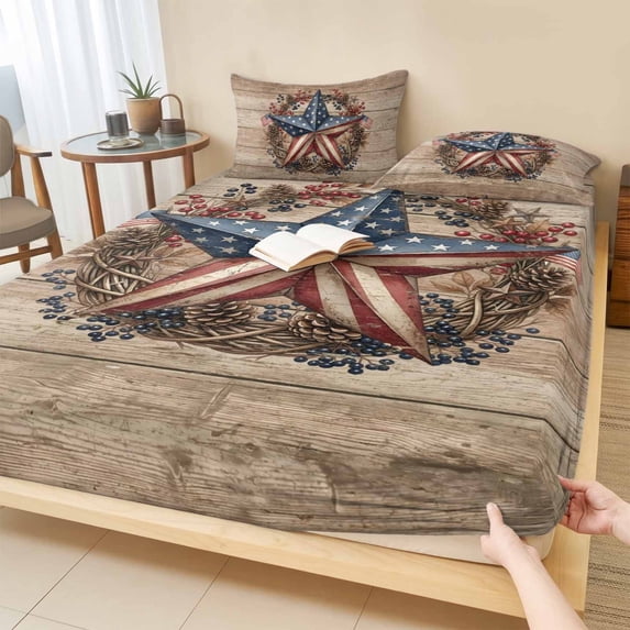 Full Size Fitted Sheet Set - Wooden Star Vintage 3 Piece Bedding Sets 16" Deep Pocket Fitted Sheet with 2 Pillowcases Country American Flag Star Rustic Brushed Microfiber Hotel Luxury Bed Sheets