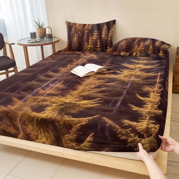 Full Size Fitted Sheet Set - Yellow Forest 3 Piece Bedding Sets 16" Deep Pocket Fitted Sheet with 2 Pillowcases Pine Tree Summer Botanical Modern Art Brushed Microfiber Hotel Luxury Bed Sheets