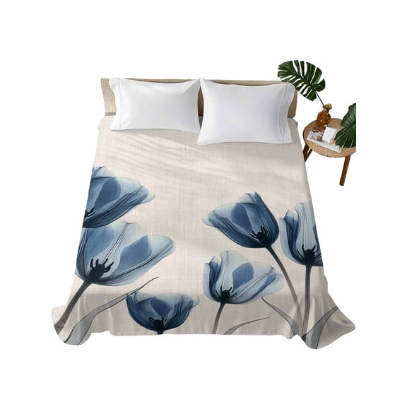 Full Size Flat Sheet Only, Blue Spring Floral Soft Brushed Microfiber Bed Sheets, Tulip Summer Botanical Hotel Quality Breathable Bedding Top Sheet, Easy Care, 66"x102"