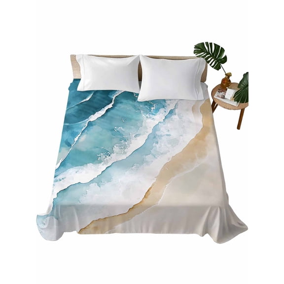 Full Size Flat Sheet Only, Blue Teal Beach Coastal Soft Brushed Microfiber Bed Sheets, Summer Nautical Seaside Ocean Hotel Quality Breathable Bedding Top Sheet, Easy Care, 66"x102"