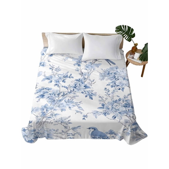 Twin XL Size Flat Sheet Only, Blue White Flowers Soft Brushed Microfiber Bed Sheets, Spring Summer Floral Botanical Hotel Quality Breathable Bedding Top Sheet, Easy Care, 66"x102"