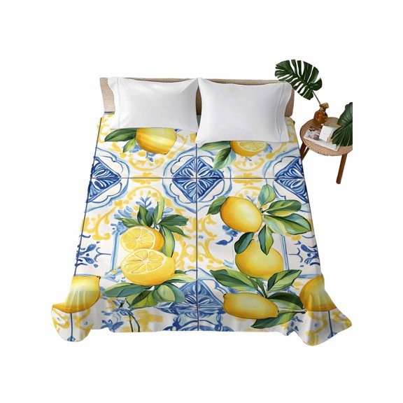 Full Size Flat Sheet Only, Botanical Lemon Soft Brushed Microfiber Bed Sheets, Spring Countryside Floral Blue Tile Hotel Quality Breathable Bedding Top Sheet, Easy Care, 66"x102"