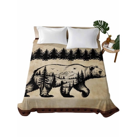 Twin XL Size Flat Sheet Only, Brown Black Bear Soft Brushed Microfiber Bed Sheets, Farmhouse Cabin Forest Vintage Hotel Quality Breathable Bedding Top Sheet, Easy Care, 66"x102"