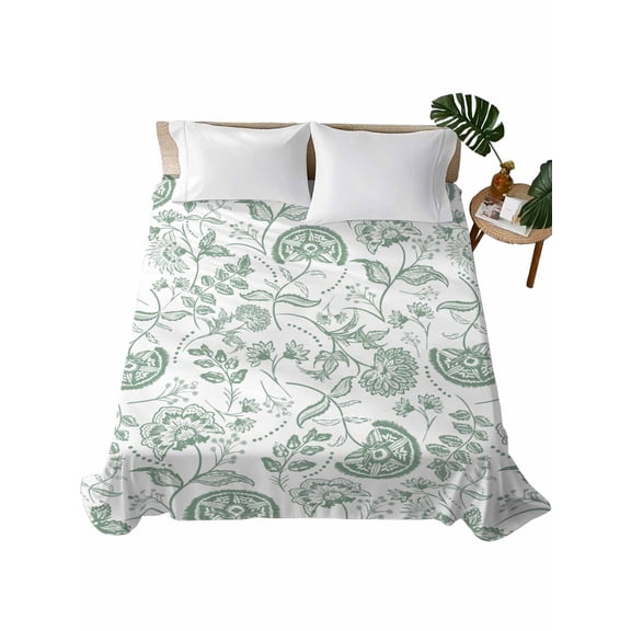Twin XL Size Flat Sheet Only, Green Farmhouse Soft Brushed Microfiber Bed Sheets, Floral Floral Plant Leaf Vintage Fruit Hotel Quality Breathable Bedding Top Sheet, Easy Care, 66"x102"