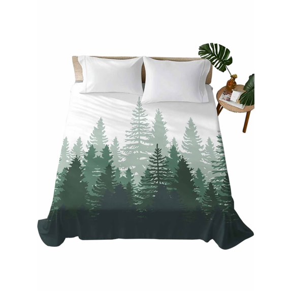 Twin XL Size Flat Sheet Only, Green Ombre Soft Brushed Microfiber Bed Sheets, Primeval Forest Modern Abstract Art Aesthetics Hotel Quality Breathable Bedding Top Sheet, Easy Care, 66"x102"