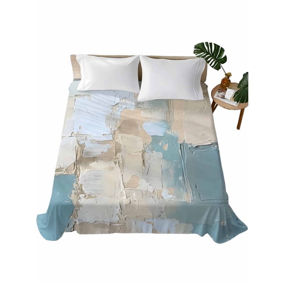 Twin XL Size Flat Sheet Only, Modern Abstract Soft Brushed Microfiber Bed Sheets, Blue Brown Color Blocks Hotel Quality Breathable Bedding Top Sheet, Easy Care, 66"x102"