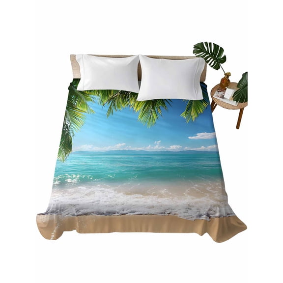 Full Size Flat Sheet Only, Ocean Beach Soft Brushed Microfiber Bed Sheets, Palm Trees Summer Tropical Island Seaside Hotel Quality Breathable Bedding Top Sheet, Easy Care, 66"x102"