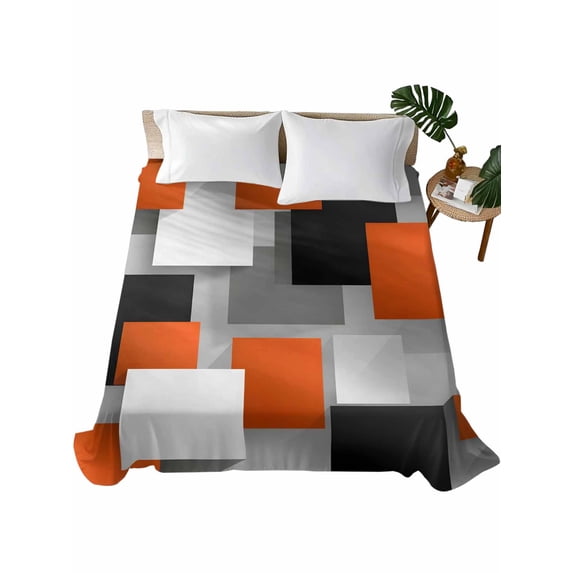 Twin XL Size Flat Sheet Only, Orange Gray Black Soft Brushed Microfiber Bed Sheets, Modern Abstract Geometric Plaid Hotel Quality Breathable Bedding Top Sheet, Easy Care, 66"x102"