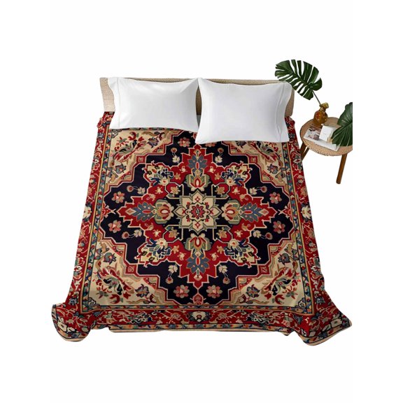 Full Size Flat Sheet Only, Red Boho Soft Brushed Microfiber Bed Sheets, Contemporary Abstract Ethnic Retro Geometric Hotel Quality Breathable Bedding Top Sheet, Easy Care, 66"x102"