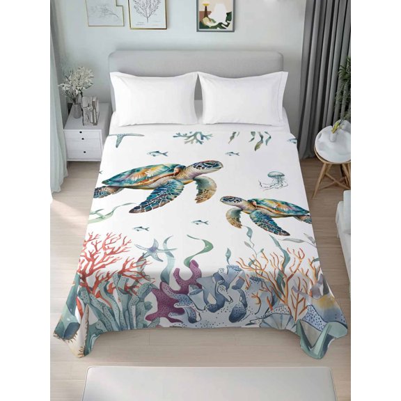 Full Size Flat Sheet Only, Sea Turtle Coastal Soft Brushed Microfiber Bed Sheets, Summer Beach Coral Ocean Seagrass Hotel Quality Breathable Bedding Top Sheet, Easy Care, 66"x102"