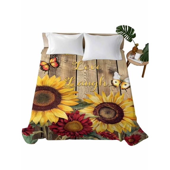 Twin XL Size Flat Sheet Only, Sunflower Brown Wooden Soft Brushed Microfiber Bed Sheets, Vintage Flowers Butterfly Hotel Quality Breathable Bedding Top Sheet, Easy Care, 66"x102"