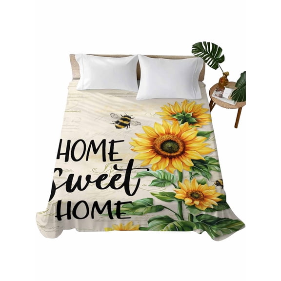 Full Size Flat Sheet Only, Sunflower Soft Brushed Microfiber Bed Sheets, Summer Botanical Bee Farmhouse Watercolor Hotel Quality Breathable Bedding Top Sheet, Easy Care, 66"x102"