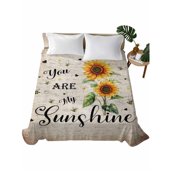 Full Size Flat Sheet Only, Sunflower Soft Brushed Microfiber Bed Sheets, Vintage Summer Botanical Bee Spring Floral Hotel Quality Breathable Bedding Top Sheet, Easy Care, 66"x102"