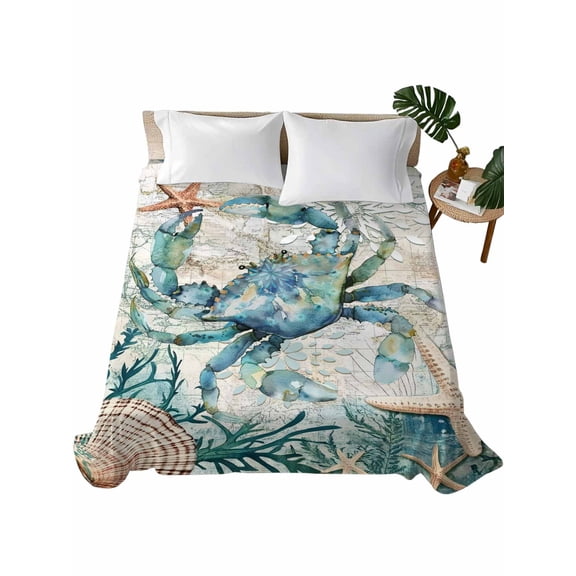 Full Size Flat Sheet Only, Teal Coastal Crab Soft Brushed Microfiber Bed Sheets, Vintage Summer Beach Nautical Coral Hotel Quality Breathable Bedding Top Sheet, Easy Care, 66"x102"