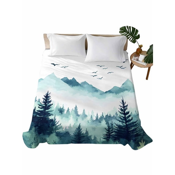 Twin XL Size Flat Sheet Only, Turquoise Forest Soft Brushed Microfiber Bed Sheets, Mountains Birds Fog Tree Scenery Hotel Quality Breathable Bedding Top Sheet, Easy Care, 66"x102"