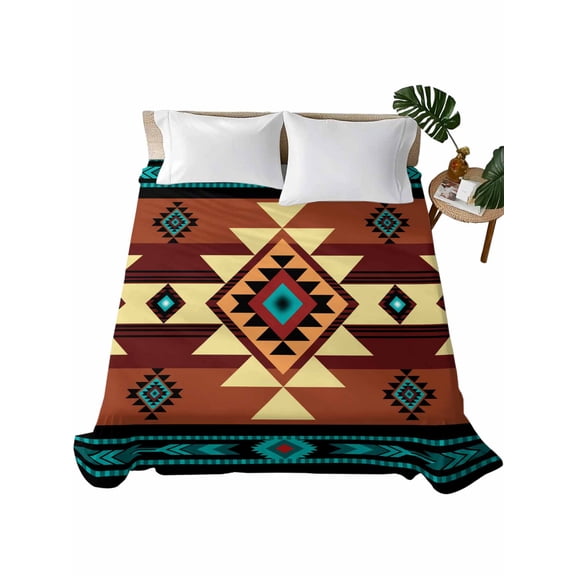 Twin XL Size Flat Sheet Only, Turquoise Red Soft Brushed Microfiber Bed Sheets, Southwest American Native Abstract Pattern Hotel Quality Breathable Bedding Top Sheet, Easy Care, 66"x102"