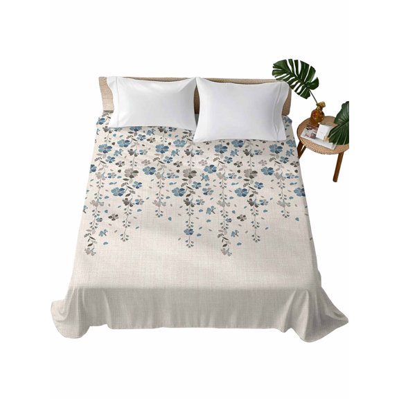 Full Size Flat Sheet Only, Weeping Flowers Soft Brushed Microfiber Bed Sheets, Blue Grey Spring Floral Botanical Rustic Burlap Hotel Quality Breathable Bedding Top Sheet, Easy Care, 66"x102"