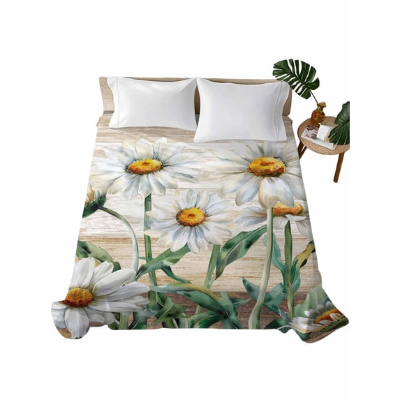 Twin XL Size Flat Sheet Only, White Daisy Soft Brushed Microfiber Bed Sheets, Vintage Botanical Spring Floral Summer Hotel Quality Breathable Bedding Top Sheet, Easy Care, 66"x102"