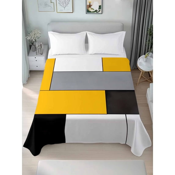 Full Size Flat Sheet Only, Yellow Grey Geometric Soft Brushed Microfiber Bed Sheets, Modern Black White Abstract Art Hotel Quality Breathable Bedding Top Sheet, Easy Care, 66"x102"