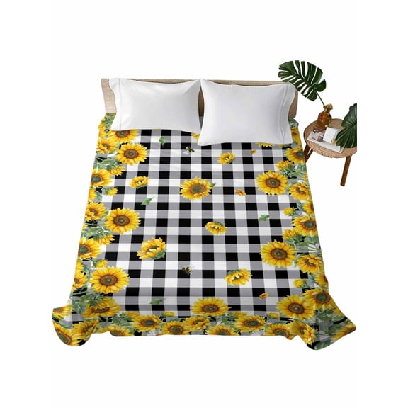 Full Size Flat Sheet Only, Yellow Sunflower Soft Brushed Microfiber Bed Sheets, Summer Bee Floral Black White Plaid Hotel Quality Breathable Bedding Top Sheet, Easy Care, 66"x102"