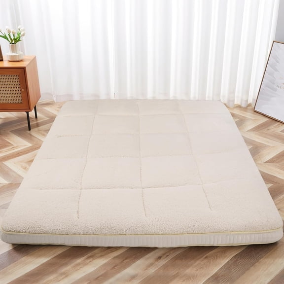 Full Size Fleece Foldable Floor Mattress, Super Soft Fuzzy Sleeping Pad for Adults, Khaki