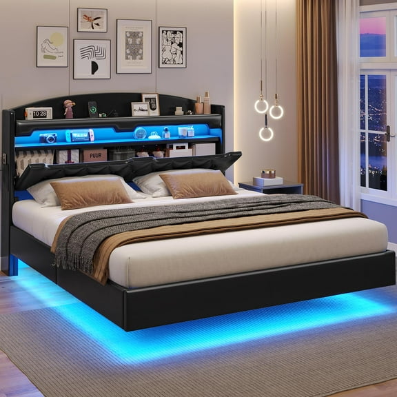 Full Size Floating Bed Frame with Charging Station & LED Light,Floating Platform Bed with Storage Headboard , No Box Spring Needed, Wooden Slats Support, PU Black
