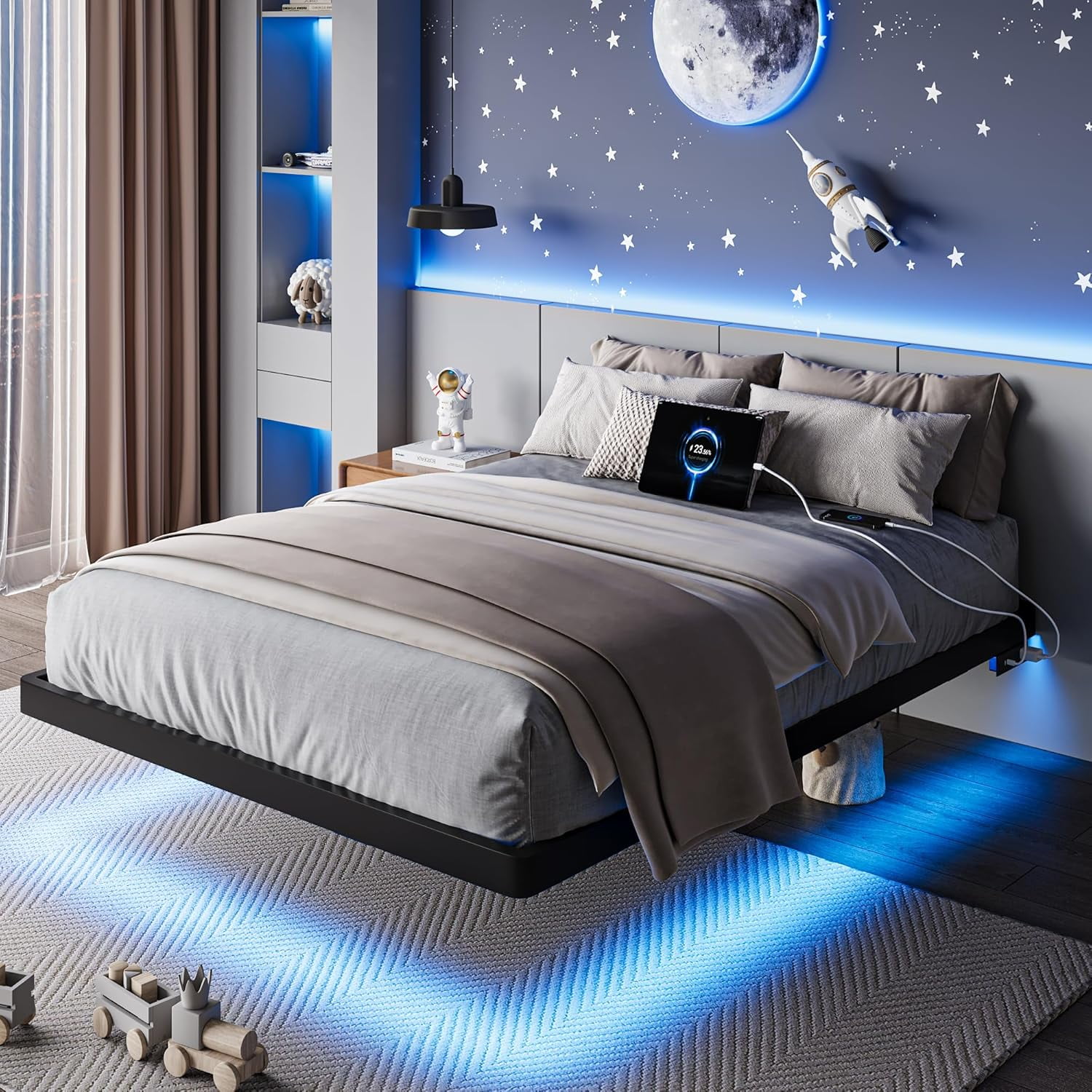 Floating Spring Frame Full Size Floating Bed Frame with Charging Station and Led Lights ...