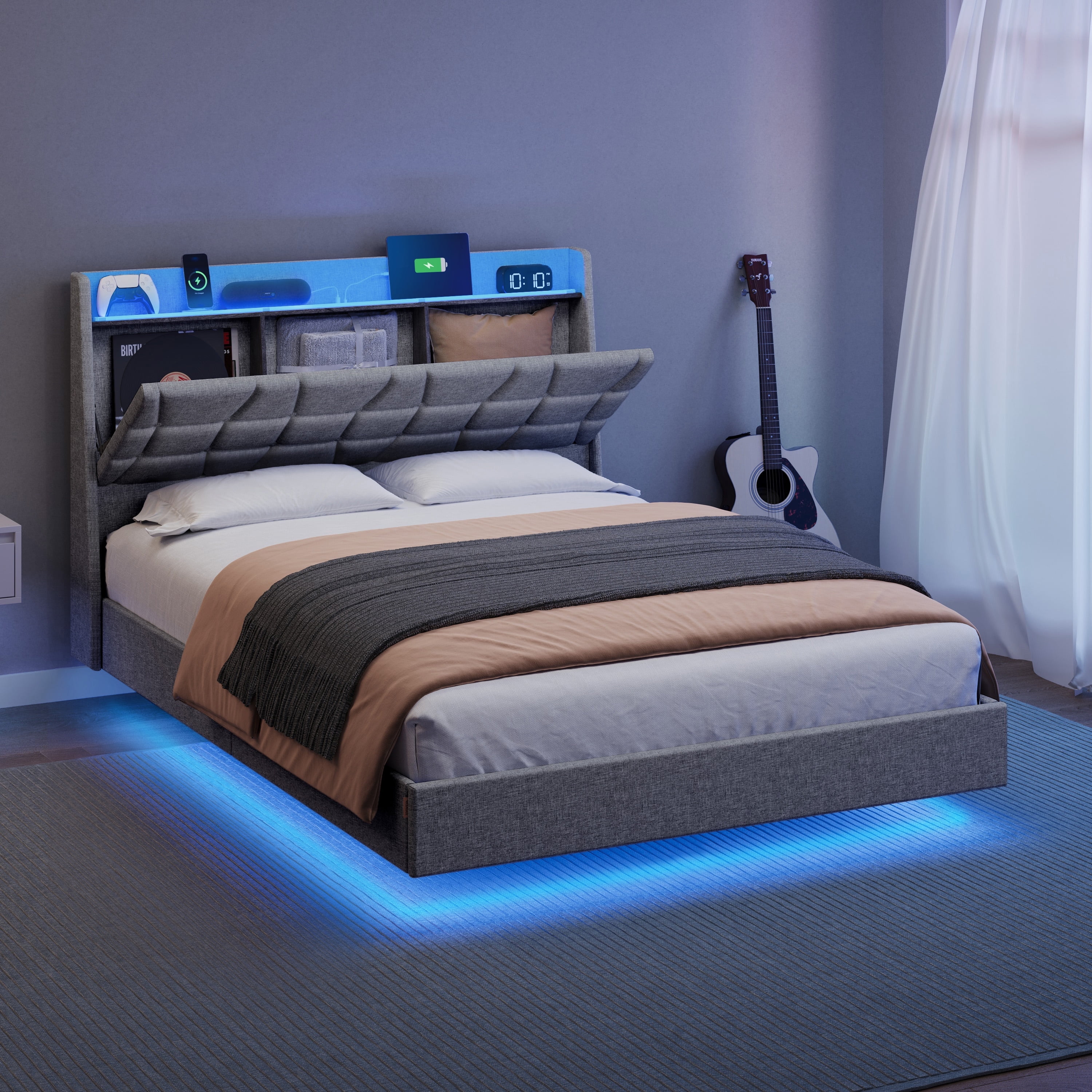 Full Size Floating Bed Frame with LED Lights for Bedroom, Full Bed Frame with Charging Station, Tufted Storage Headboard, Upholstered Platform Bed Frame, No Box Spring Needed