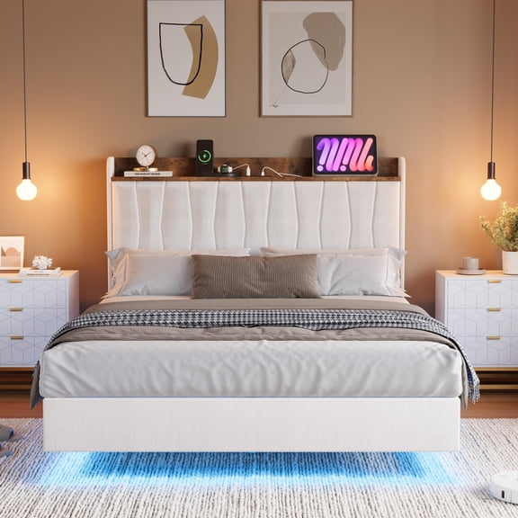 Full Size Floating Bed Frame with LED Lights and Storage Headboard, Full Upholstered Metal Platform Bed with Charging Station, Linen Fabric, No Box Spring Needed, Easy Assembly