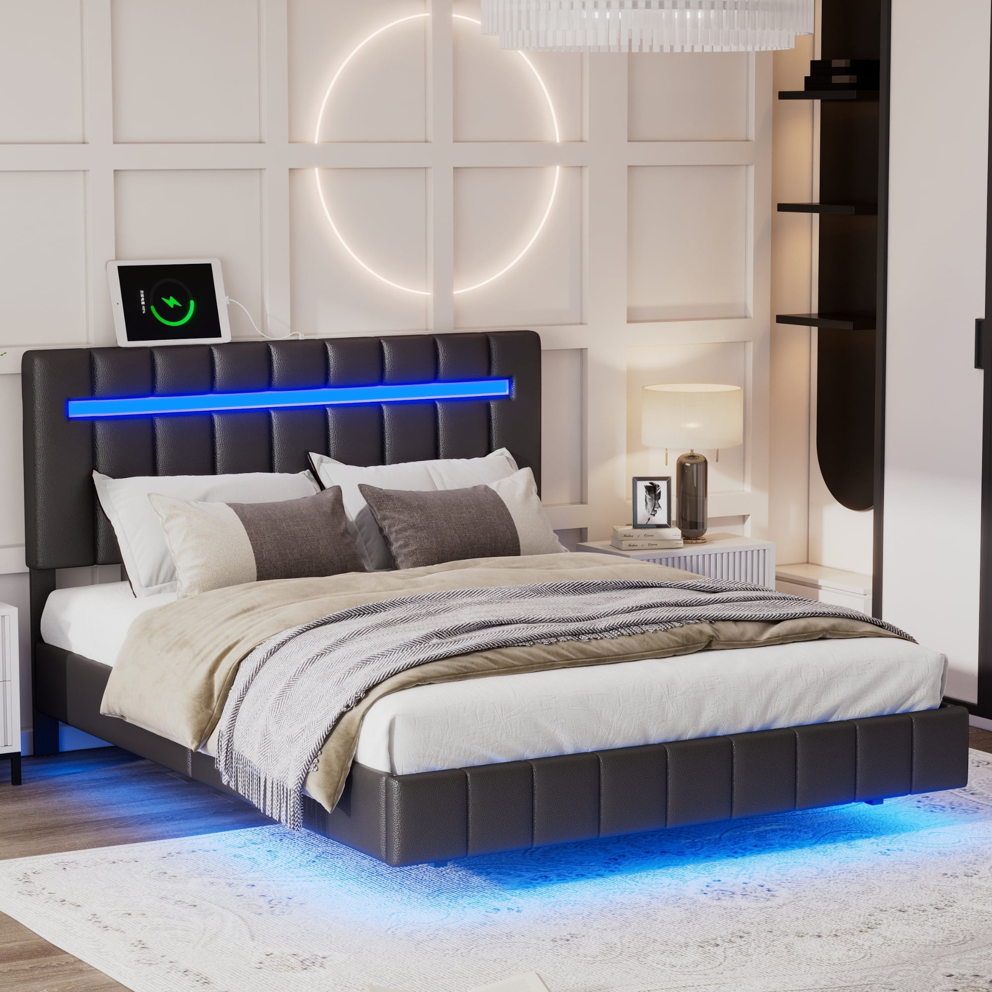 Full Size Floating Bed Frame with LED Lights and USB Charging Station ...