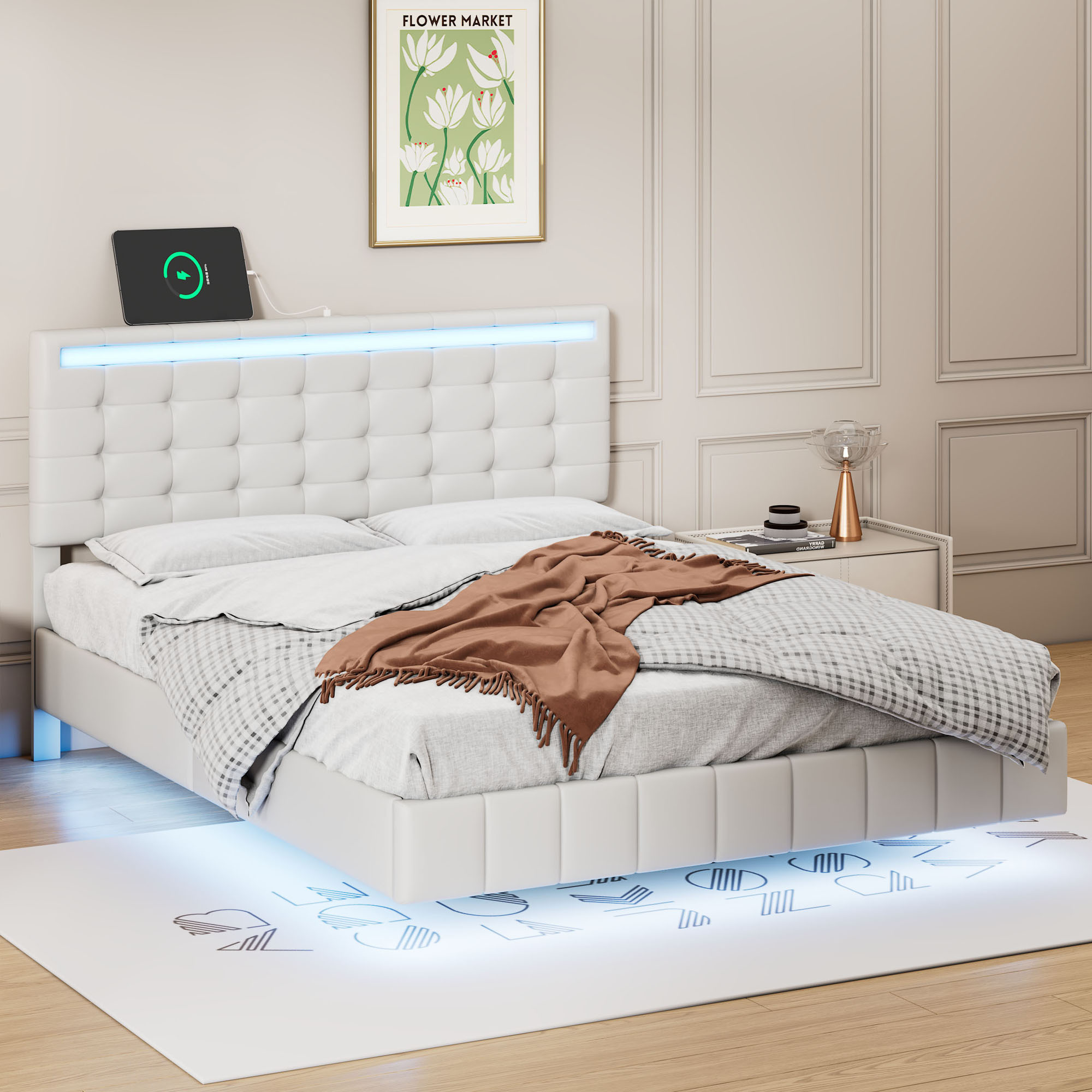 Full Size Floating Bed Frame with LED Lights and USB Charging Station ...