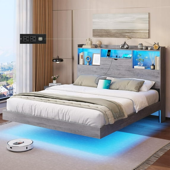 Full Size Floating Bed Frame with Charging Station&LED Lights, LED Full Metal Platform Bed with Storage Headboard, No Box Spring Need, Gray