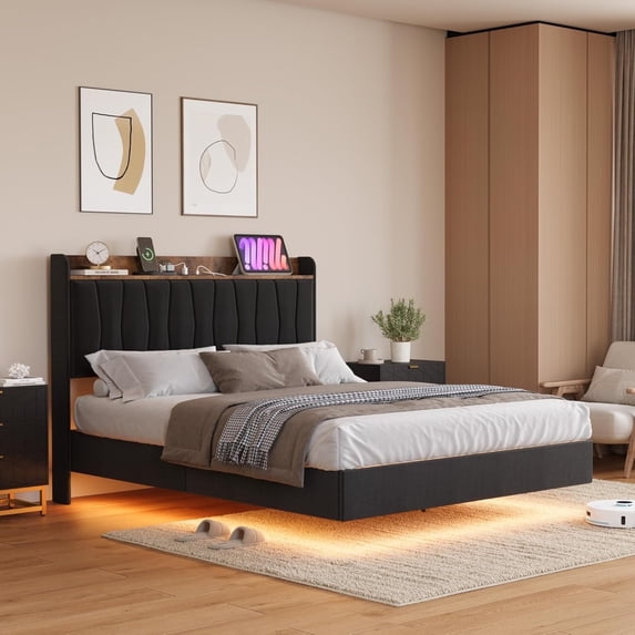 Full Size Floating Bed Frame with LED Lights & Charging Station - Upholstered Platform Bed, No Box Spring Needed, Noise-Free, Black