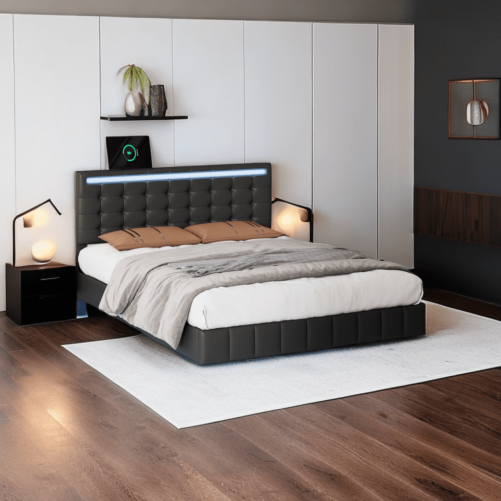 Full Size Floating Bed Frame with LED Lights and USB Charging,Modern ...