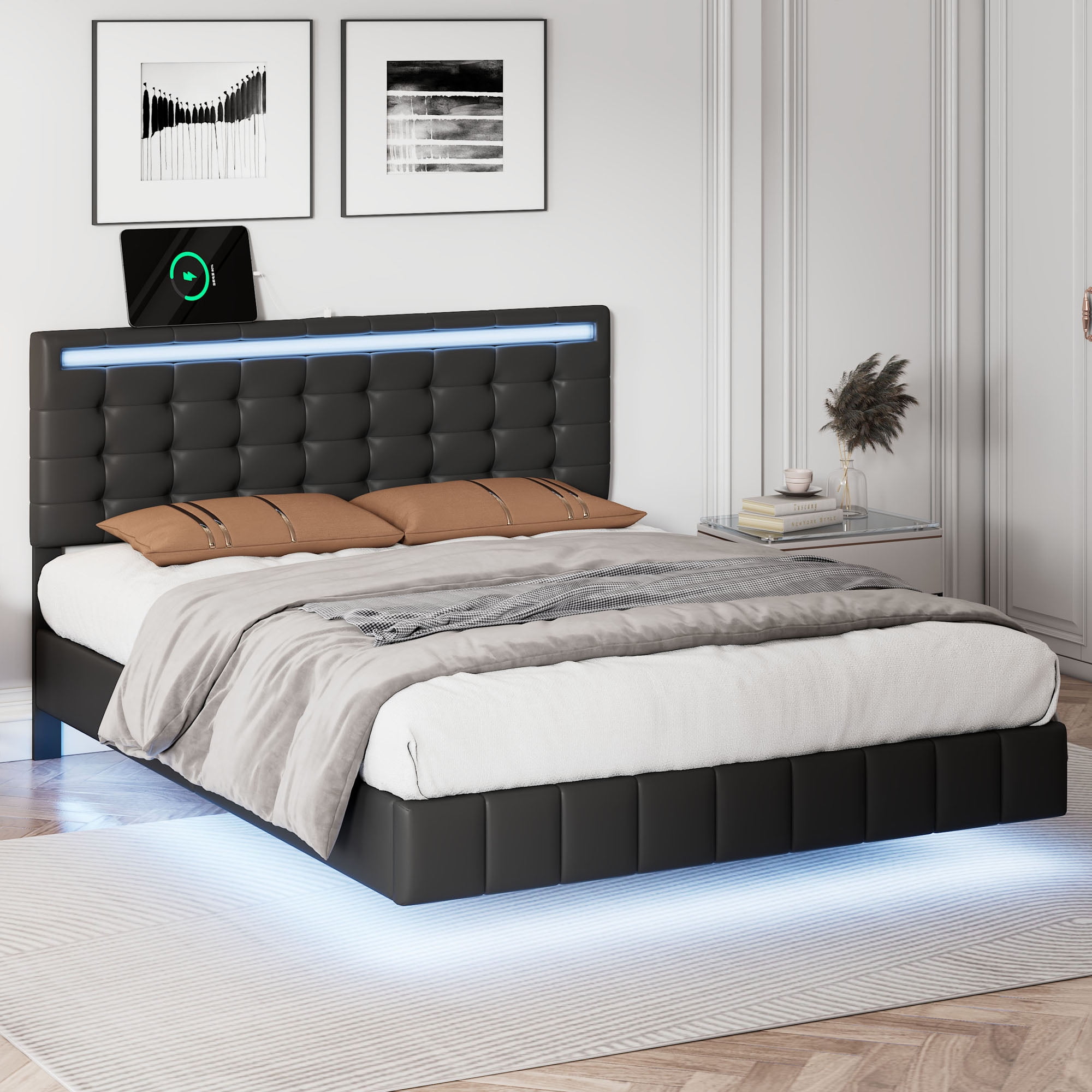 Full Size Floating Bed Frame with LED Lights and USB Charging,Modern ...