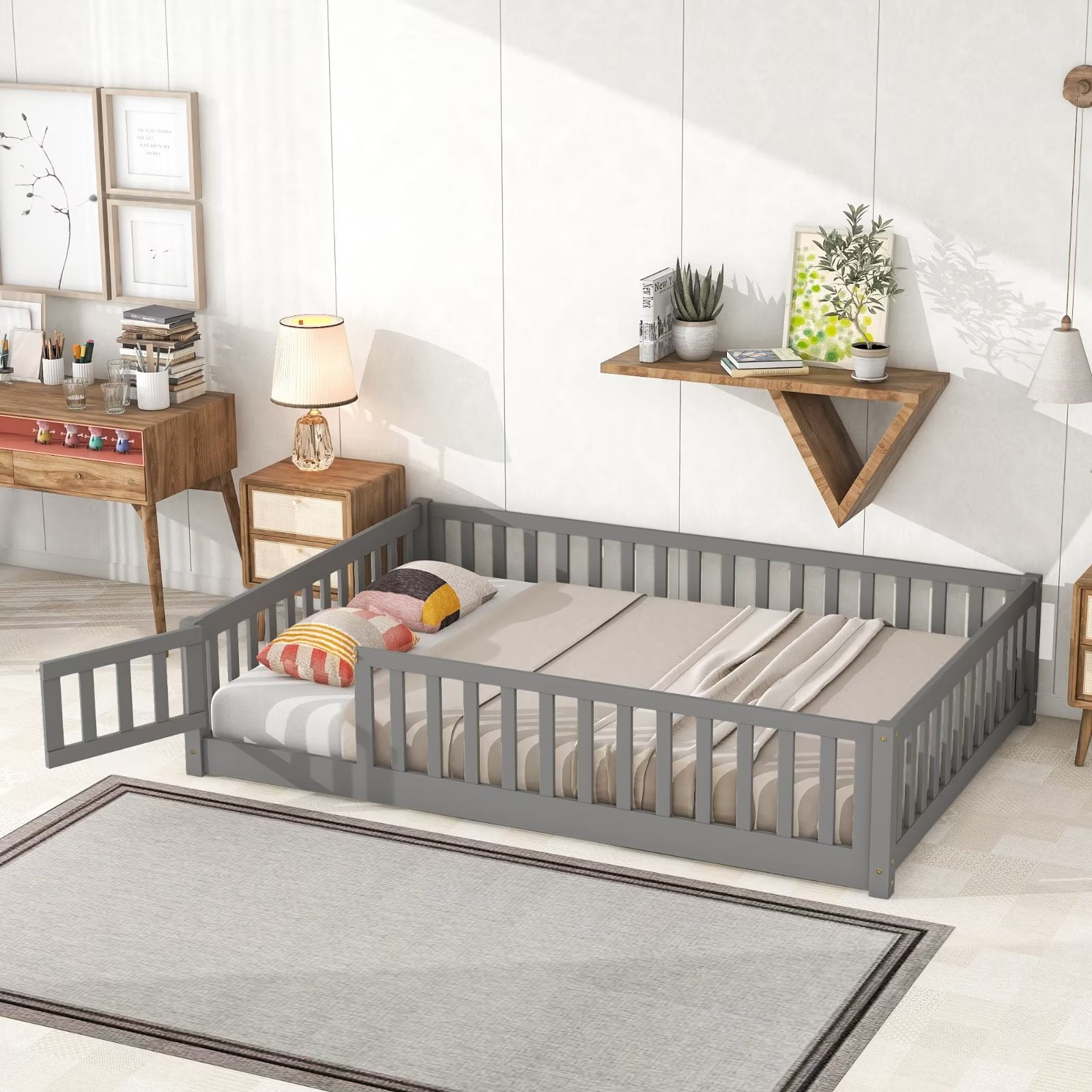 Full Size Floor Bed for Children, Solid Wood Platform Bed Frame with Safety Fence & Door, Wood Slats, Durable Fun Design Floor Bed, for Girls and Boys, Gray
