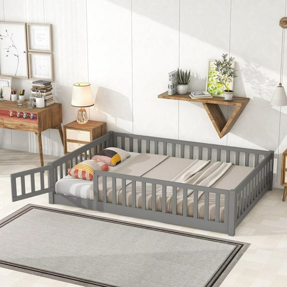 Full Size Floor Bed for Children, Solid Wood Platform Bed Frame with Safety Fence & Door, Wood Slats, Durable Fun Design Floor Bed, for Girls and Boys, Gray